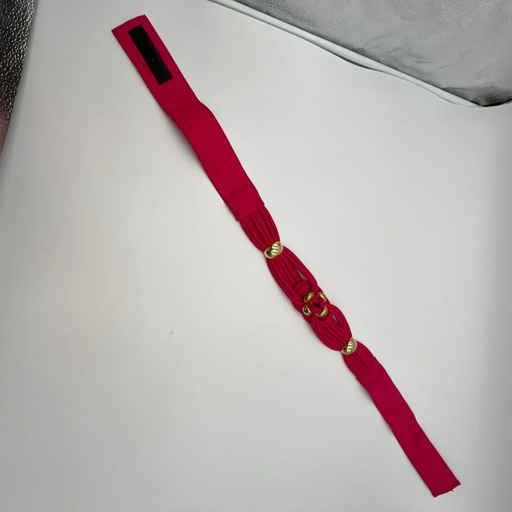 Retro Pink Wide Waist Statement Belt Gold Hardware Knotted Braided Cord Coquette